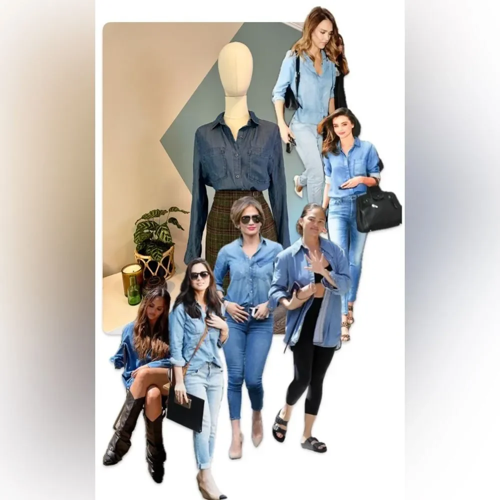 Pure Navy Lightweight Denim Button-Up Shirt 100% Lyocell Size Small Chambray Top - Picture 2 of 12